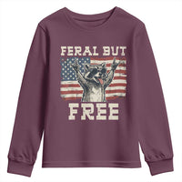 Feral But Free Funny Raccoon Patriotic Youth Sweatshirt Cool American Flag Sunglasses Rock On Hand Signs Vintage USA Flag