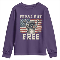 Feral But Free Funny Raccoon Patriotic Youth Sweatshirt Cool American Flag Sunglasses Rock On Hand Signs Vintage USA Flag