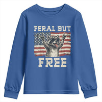 Feral But Free Funny Raccoon Patriotic Youth Sweatshirt Cool American Flag Sunglasses Rock On Hand Signs Vintage USA Flag