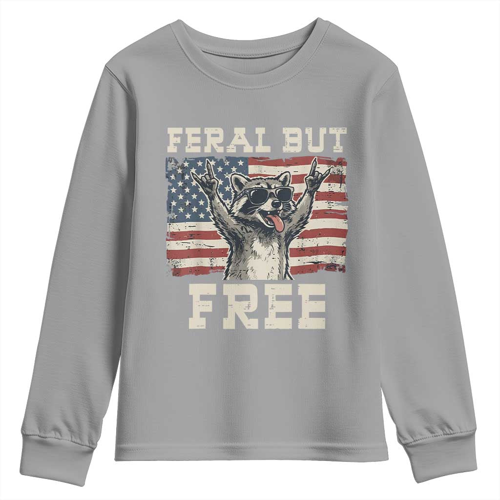 Feral But Free Funny Raccoon Patriotic Youth Sweatshirt Cool American Flag Sunglasses Rock On Hand Signs Vintage USA Flag