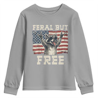 Feral But Free Funny Raccoon Patriotic Youth Sweatshirt Cool American Flag Sunglasses Rock On Hand Signs Vintage USA Flag