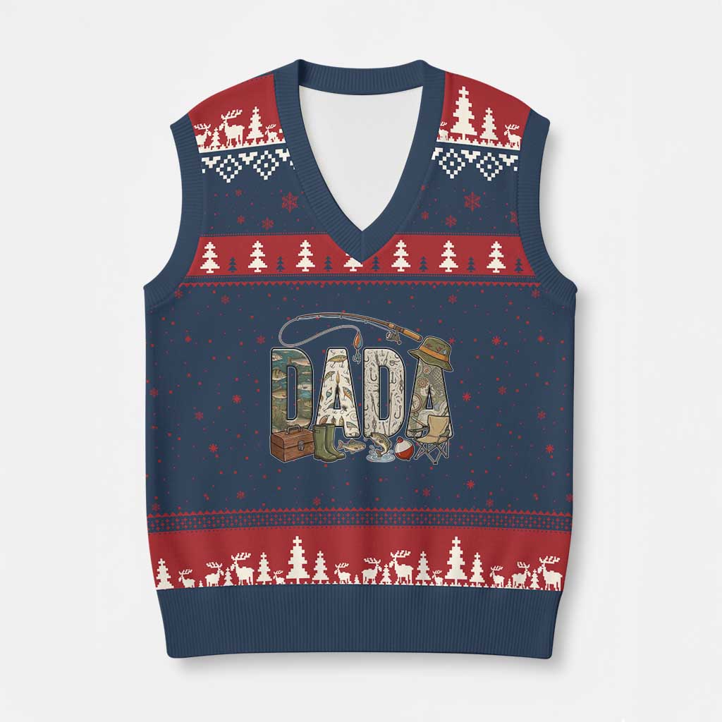 Best Fishing Dada Retro Vintage Outdoorsman V-Neck Knit Sweater Vest Bass Angler Dad Fisherman Fathers Day Gift for Men