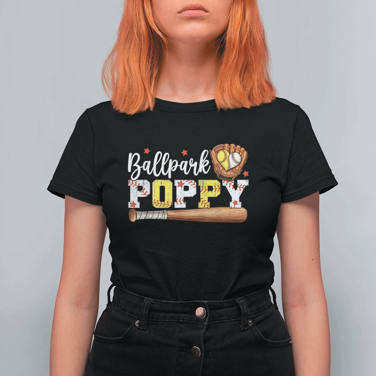 Ballpark Poppy Baseball and Softball Grandpa T Shirt For Women Sports Grandfather Game Day Birthday Gifts