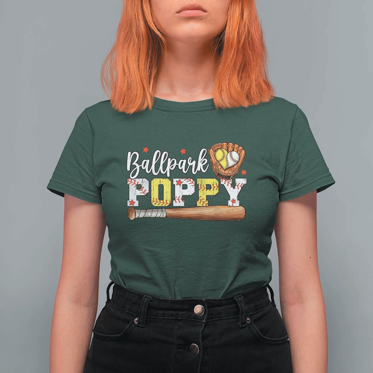 Ballpark Poppy Baseball and Softball Grandpa T Shirt For Women Sports Grandfather Game Day Birthday Gifts