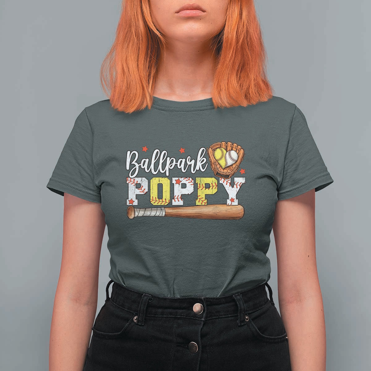 Ballpark Poppy Baseball and Softball Grandpa T Shirt For Women Sports Grandfather Game Day Birthday Gifts