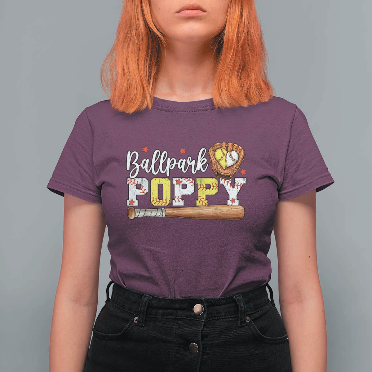 Ballpark Poppy Baseball and Softball Grandpa T Shirt For Women Sports Grandfather Game Day Birthday Gifts