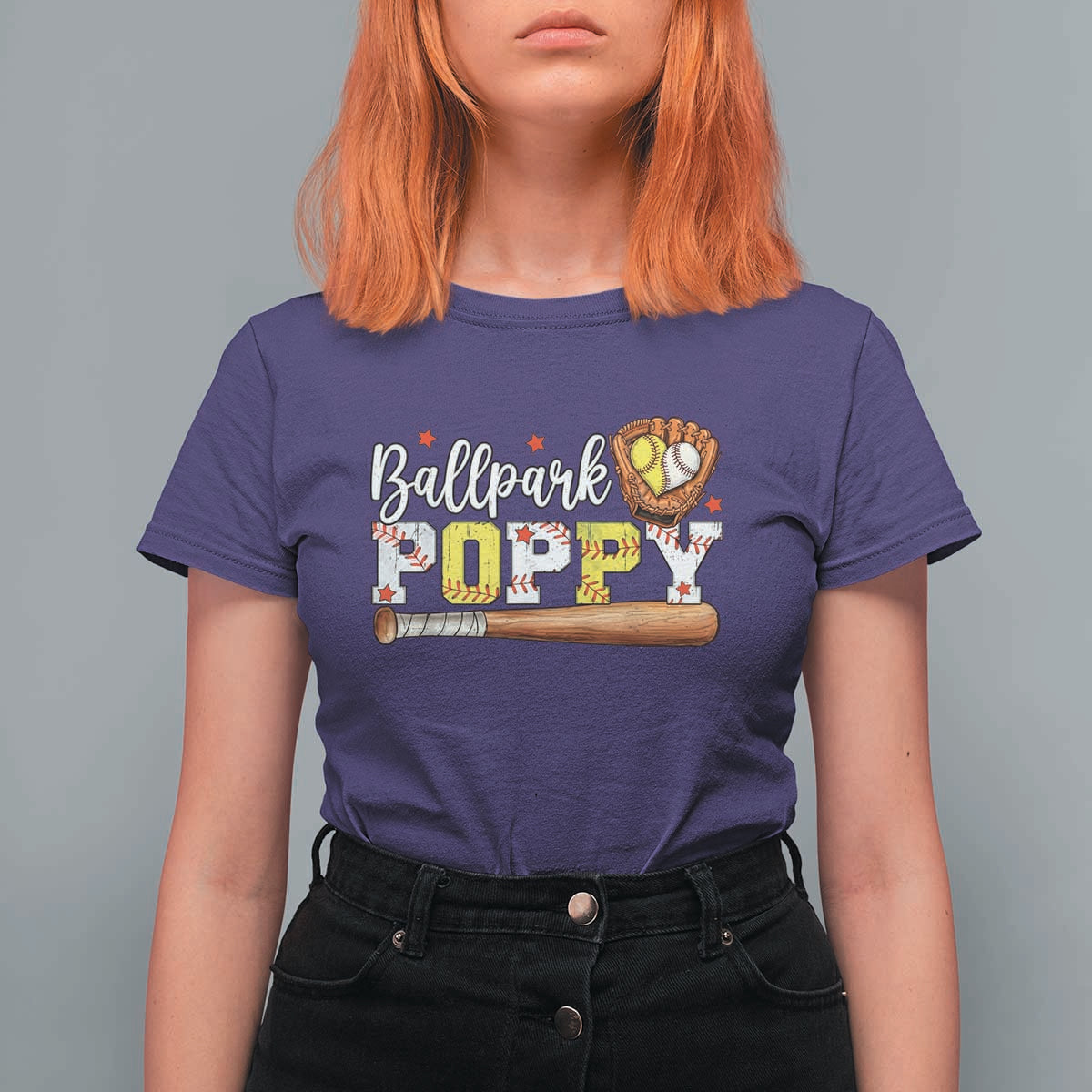 Ballpark Poppy Baseball and Softball Grandpa T Shirt For Women Sports Grandfather Game Day Birthday Gifts