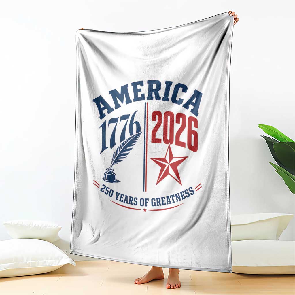 America 250 Years of Greatness Patriotic Throw Blanket Vintage 1776 to 2026 Quill and Star Semiquincentennial