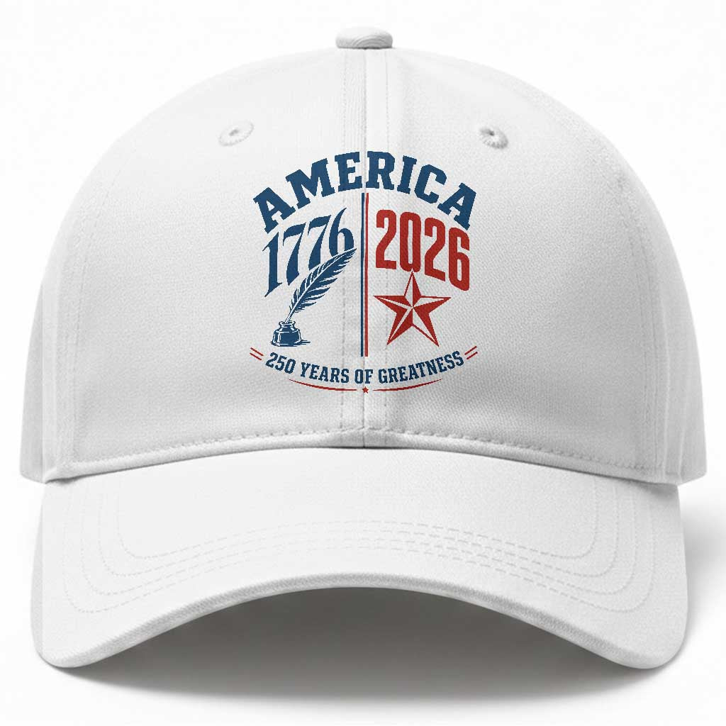 America 250 Years of Greatness Patriotic Baseball Cap Vintage 1776 to 2026 Quill and Star Semiquincentennial