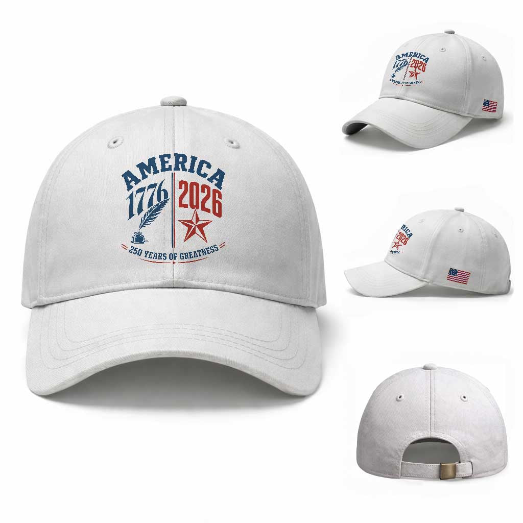 America 250 Years of Greatness Patriotic Baseball Cap Vintage 1776 to 2026 Quill and Star Semiquincentennial