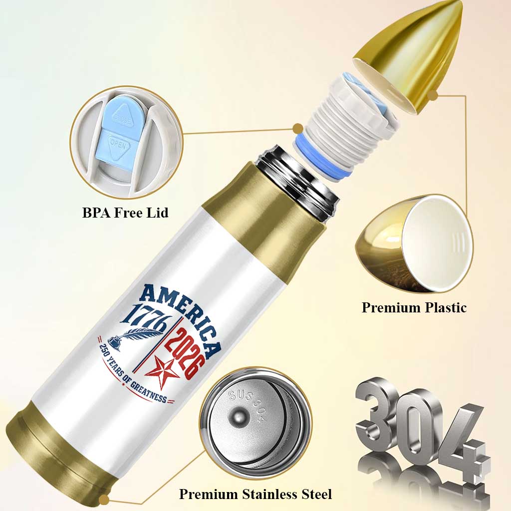 America 250 Years of Greatness Patriotic Bullet Tumbler Vintage 1776 to 2026 Quill and Star Semiquincentennial