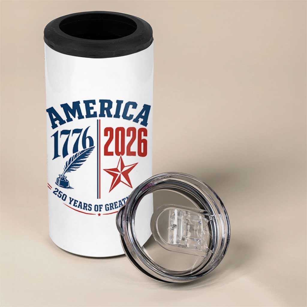 America 250 Years of Greatness Patriotic 4 in 1 Can Cooler Tumbler Vintage 1776 to 2026 Quill and Star Semiquincentennial