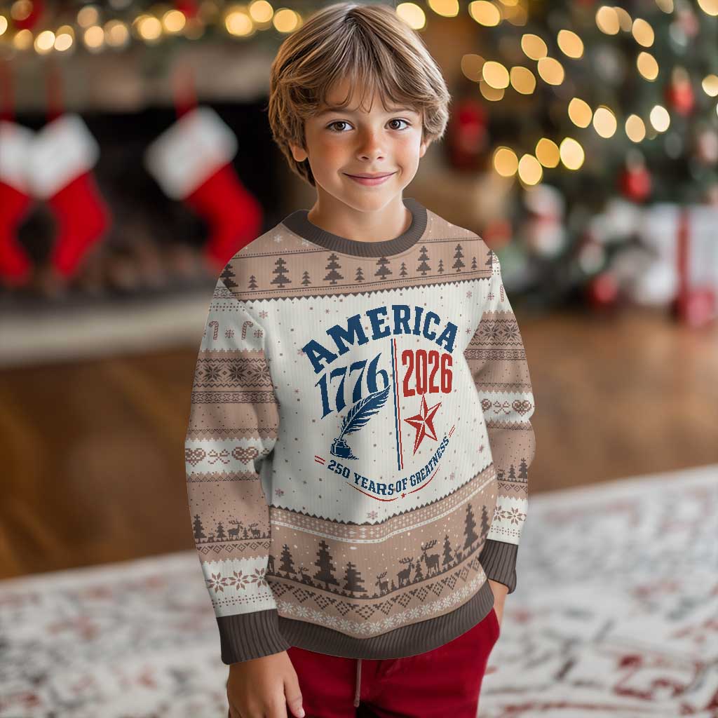 America 250 Years of Greatness Patriotic Ugly Christmas Sweater Vintage 1776 to 2026 Quill and Star Semiquincentennial