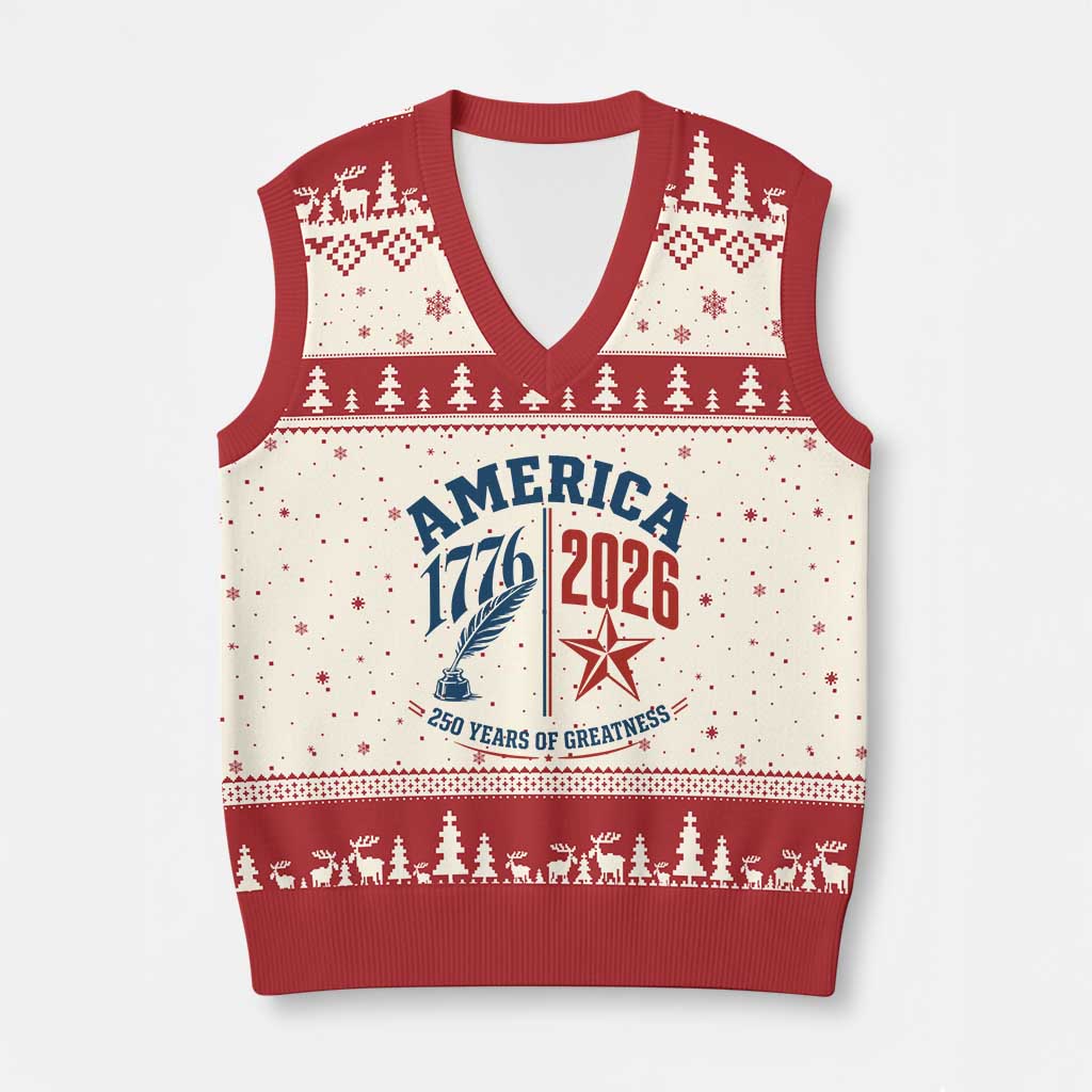 America 250 Years of Greatness Patriotic V-Neck Knit Sweater Vest Vintage 1776 to 2026 Quill and Star Semiquincentennial