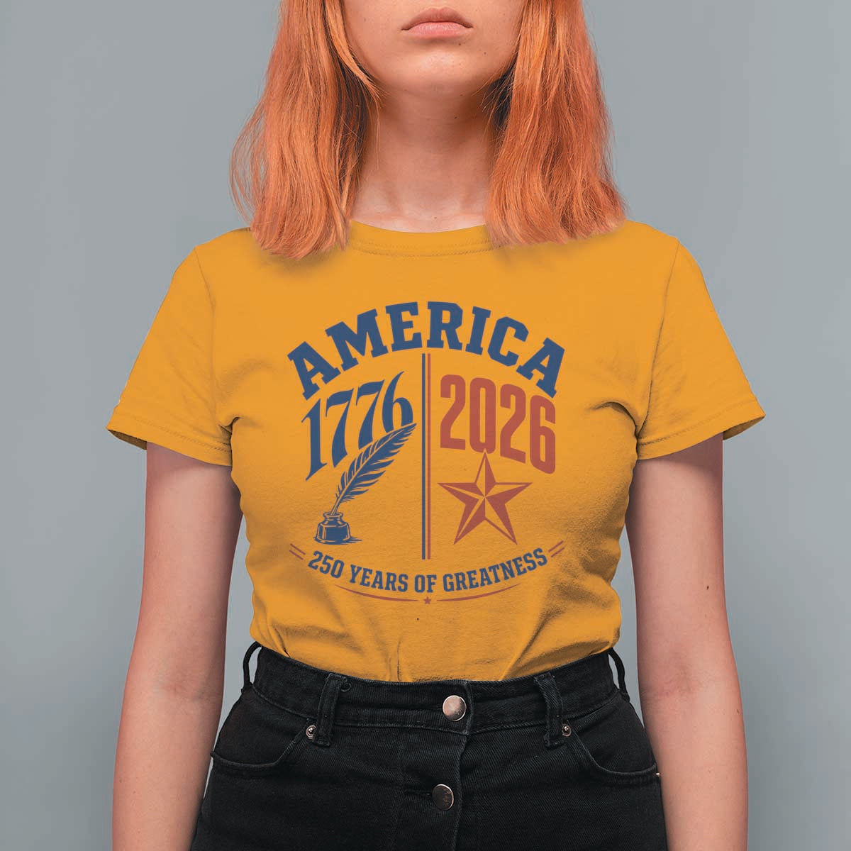 America 250 Years of Greatness Patriotic T Shirt For Women Vintage 1776 to 2026 Quill and Star Semiquincentennial