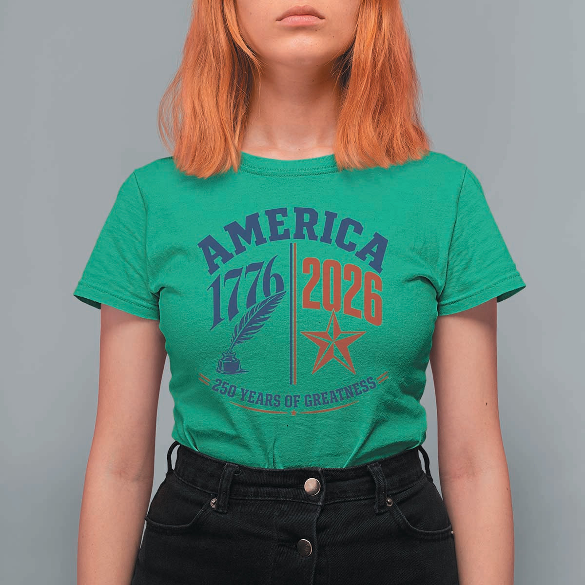 America 250 Years of Greatness Patriotic T Shirt For Women Vintage 1776 to 2026 Quill and Star Semiquincentennial