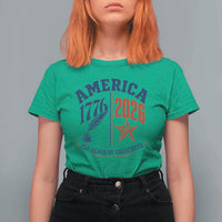America 250 Years of Greatness Patriotic T Shirt For Women Vintage 1776 to 2026 Quill and Star Semiquincentennial
