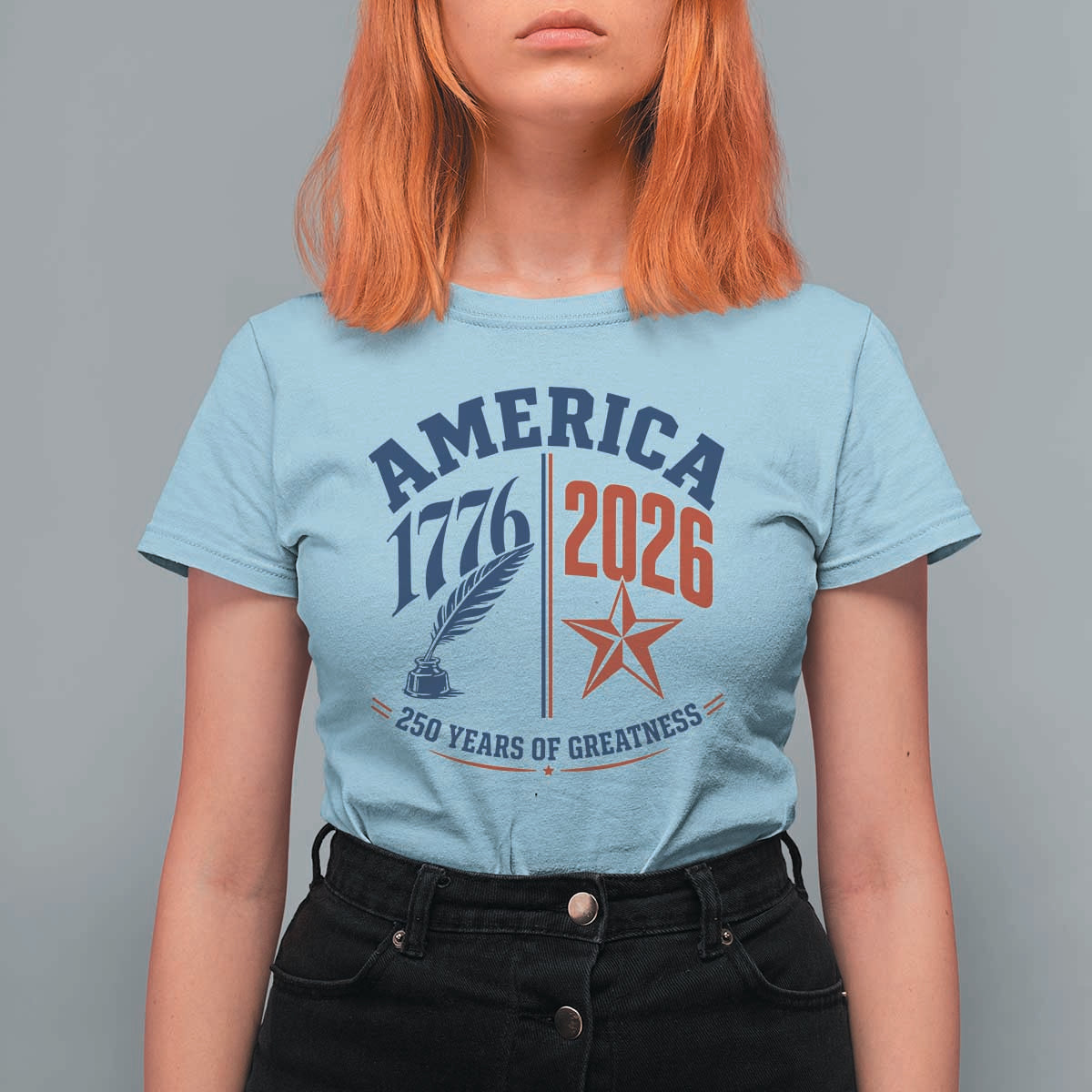 America 250 Years of Greatness Patriotic T Shirt For Women Vintage 1776 to 2026 Quill and Star Semiquincentennial