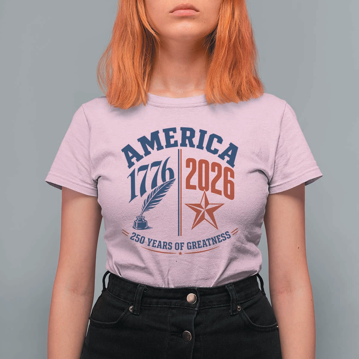 America 250 Years of Greatness Patriotic T Shirt For Women Vintage 1776 to 2026 Quill and Star Semiquincentennial