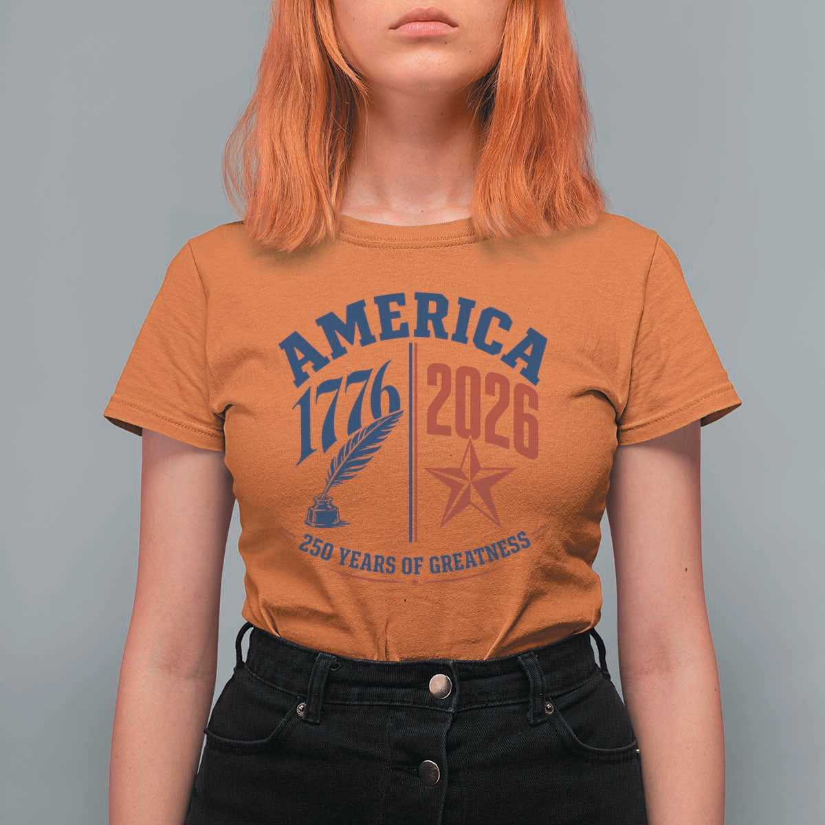 America 250 Years of Greatness Patriotic T Shirt For Women Vintage 1776 to 2026 Quill and Star Semiquincentennial