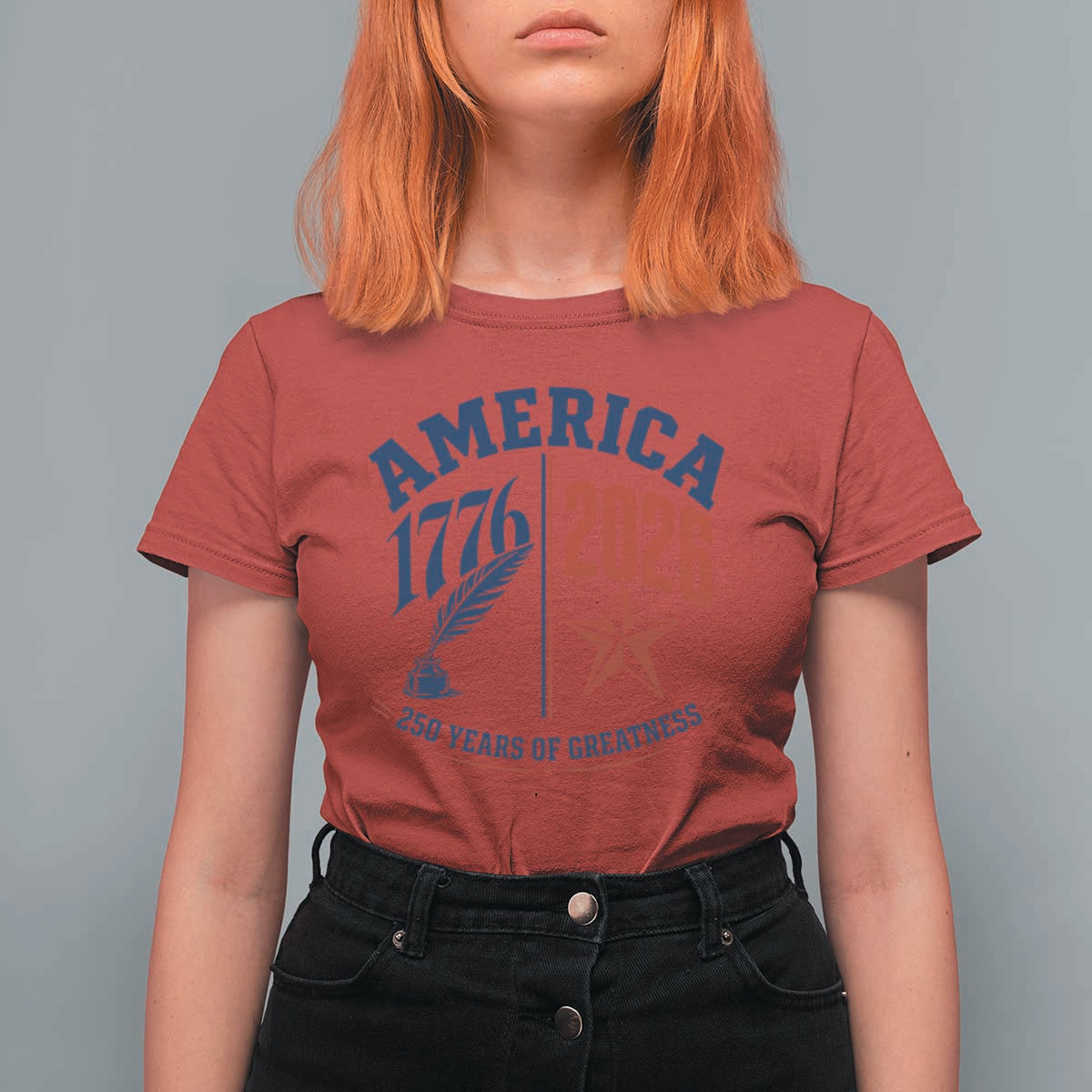 America 250 Years of Greatness Patriotic T Shirt For Women Vintage 1776 to 2026 Quill and Star Semiquincentennial