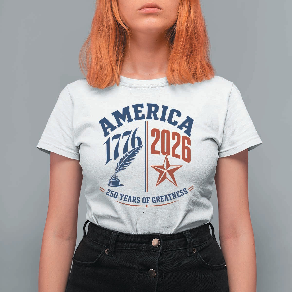 America 250 Years of Greatness Patriotic T Shirt For Women Vintage 1776 to 2026 Quill and Star Semiquincentennial