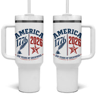America 250 Years of Greatness Patriotic Tumbler With Handle Vintage 1776 to 2026 Quill and Star Semiquincentennial