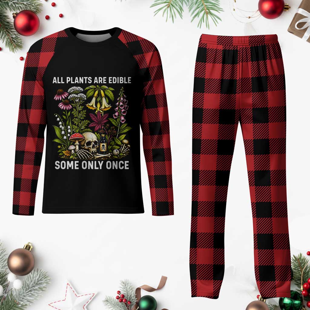 Funny Botanical Foraging Skull Dark Humor Plaid Pajama Set All Plants Are Edible Some Only Once Botany Cottagecore