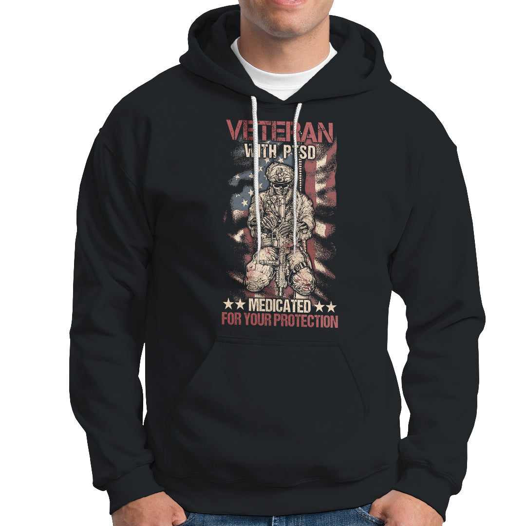 Veteran PTSD Hoodie Medicated For Your Protection American Flag Skeleton Soldier - Wonder Print Shop