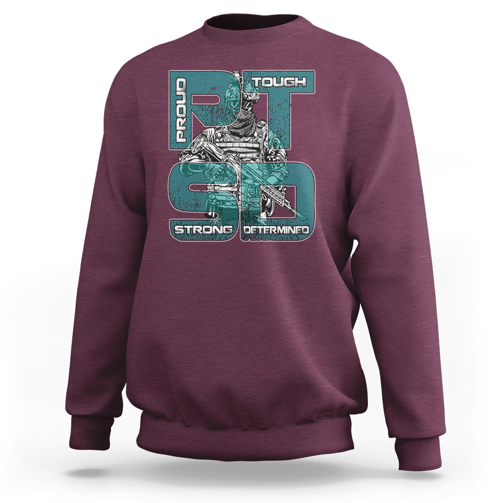 Veteran PTSD Sweatshirt Proud Tough Strong Determined Teal Ribbon - Wonder Print Shop