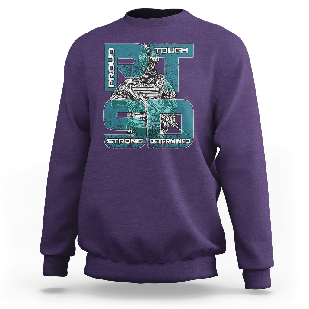 Veteran PTSD Sweatshirt Proud Tough Strong Determined Teal Ribbon - Wonder Print Shop