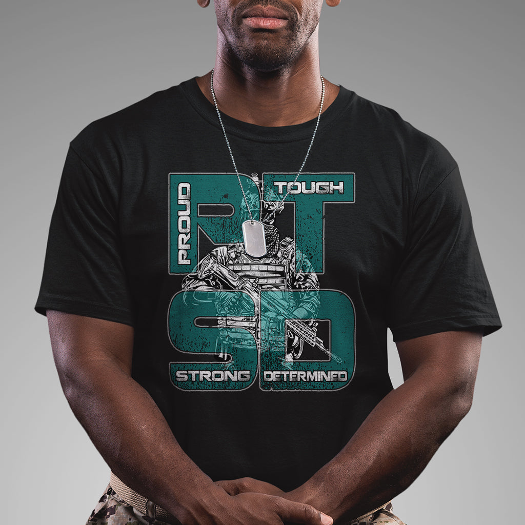 Veteran PTSD T Shirt Proud Tough Strong Determined Teal Ribbon - Wonder Print Shop