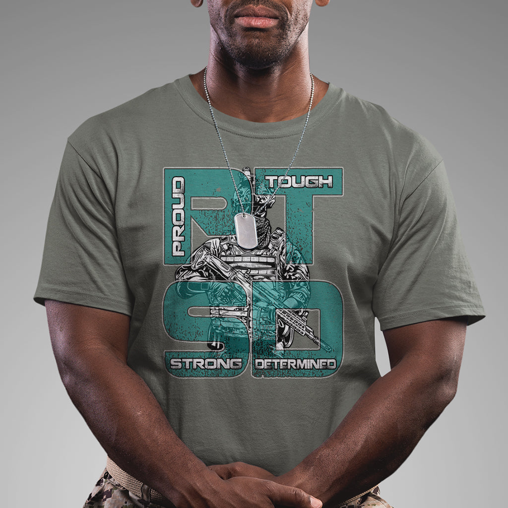 Veteran PTSD T Shirt Proud Tough Strong Determined Teal Ribbon - Wonder Print Shop