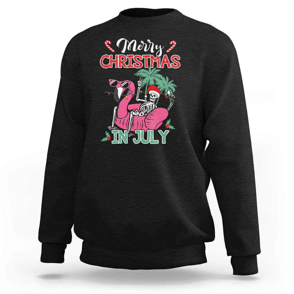 Skeleton Santa Sweatshirt Merry Christmas in July Summer Xmas Flamingo Float