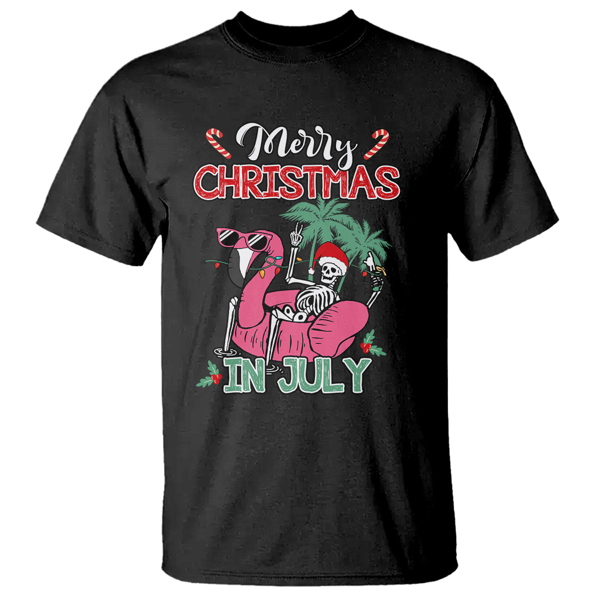 Skeleton Santa T Shirt Merry Christmas in July Summer Xmas Flamingo Float - Wonder Print Shop