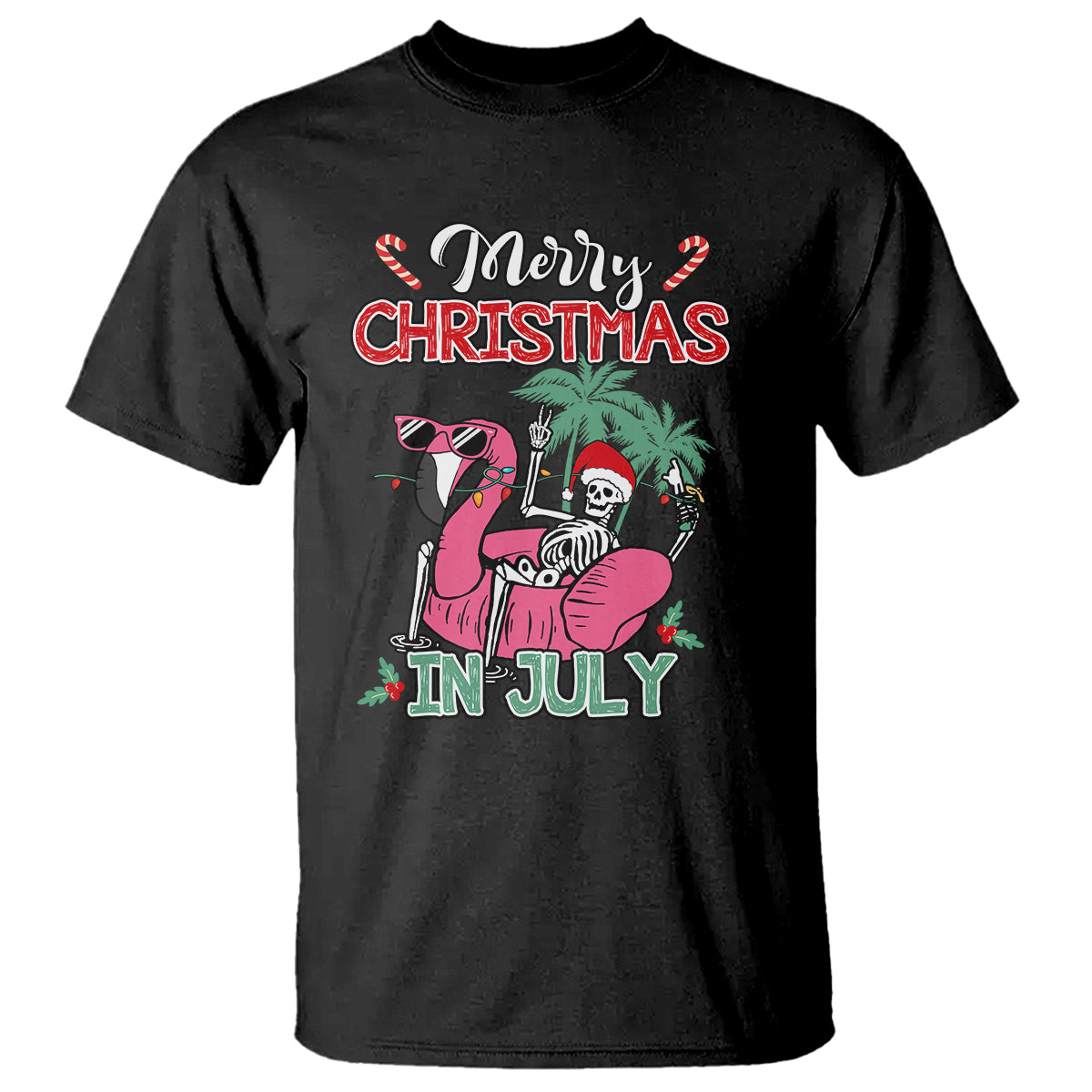 Skeleton Santa T Shirt Merry Christmas in July Summer Xmas Flamingo Float