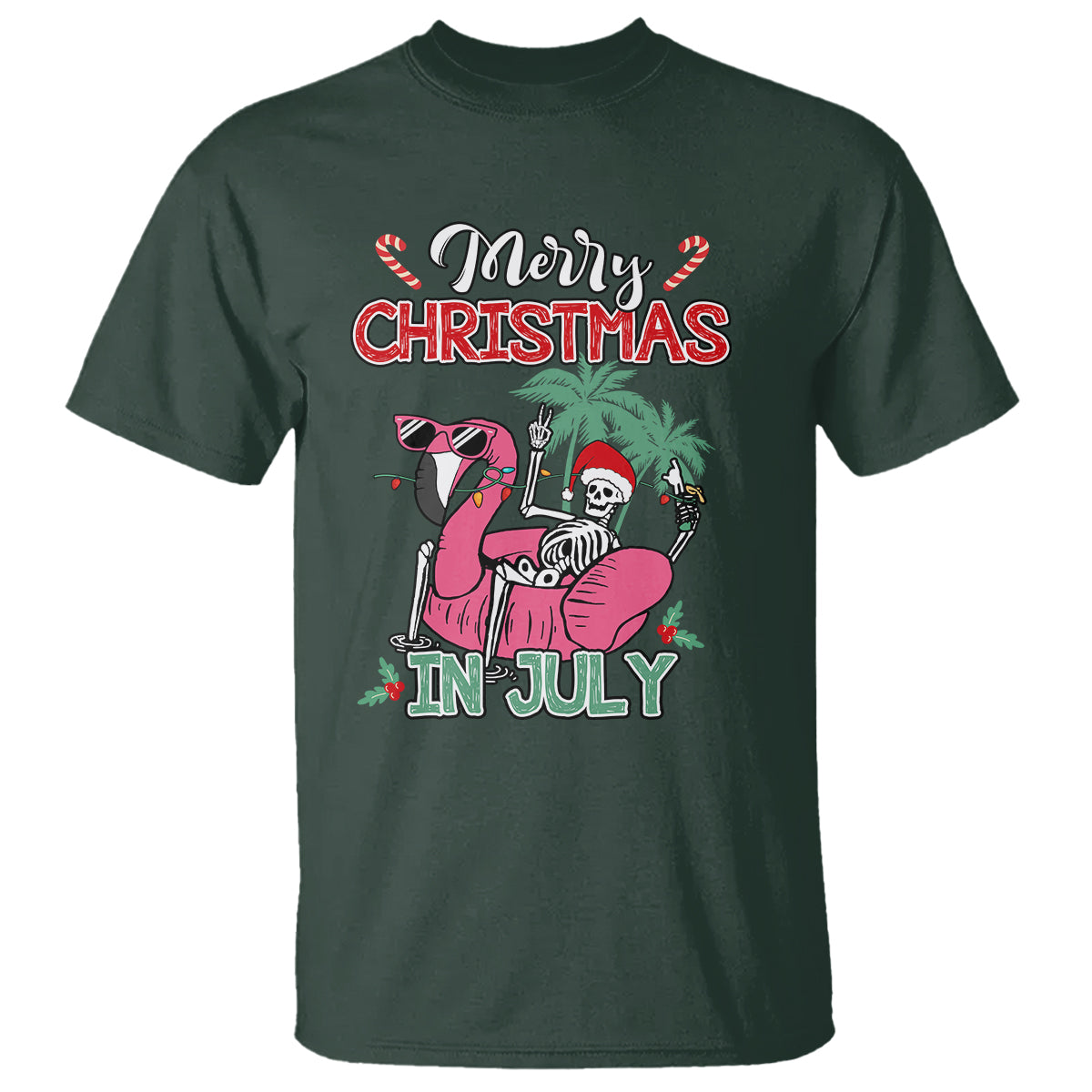 Skeleton Santa T Shirt Merry Christmas in July Summer Xmas Flamingo Float - Wonder Print Shop