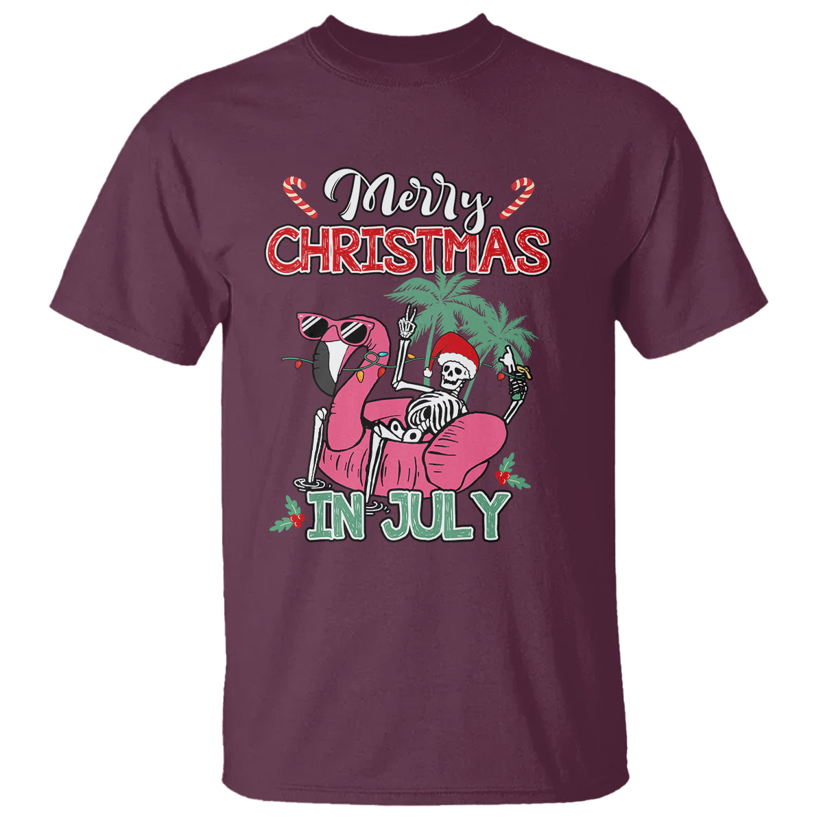 Skeleton Santa T Shirt Merry Christmas in July Summer Xmas Flamingo Float - Wonder Print Shop