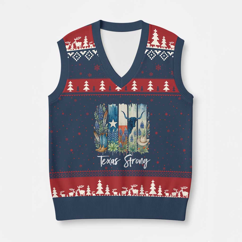 Retro Strong Texas V-Neck Knit Sweater Vest Bluebonnets Longhorn Cowboy Western Pride - Wonder Print Shop