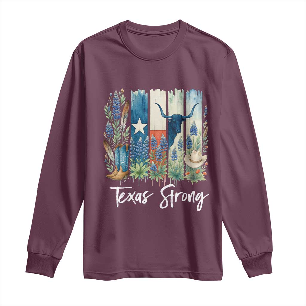 Retro Strong Texas Long Sleeve Shirt Bluebonnets Longhorn Cowboy Western Pride - Wonder Print Shop