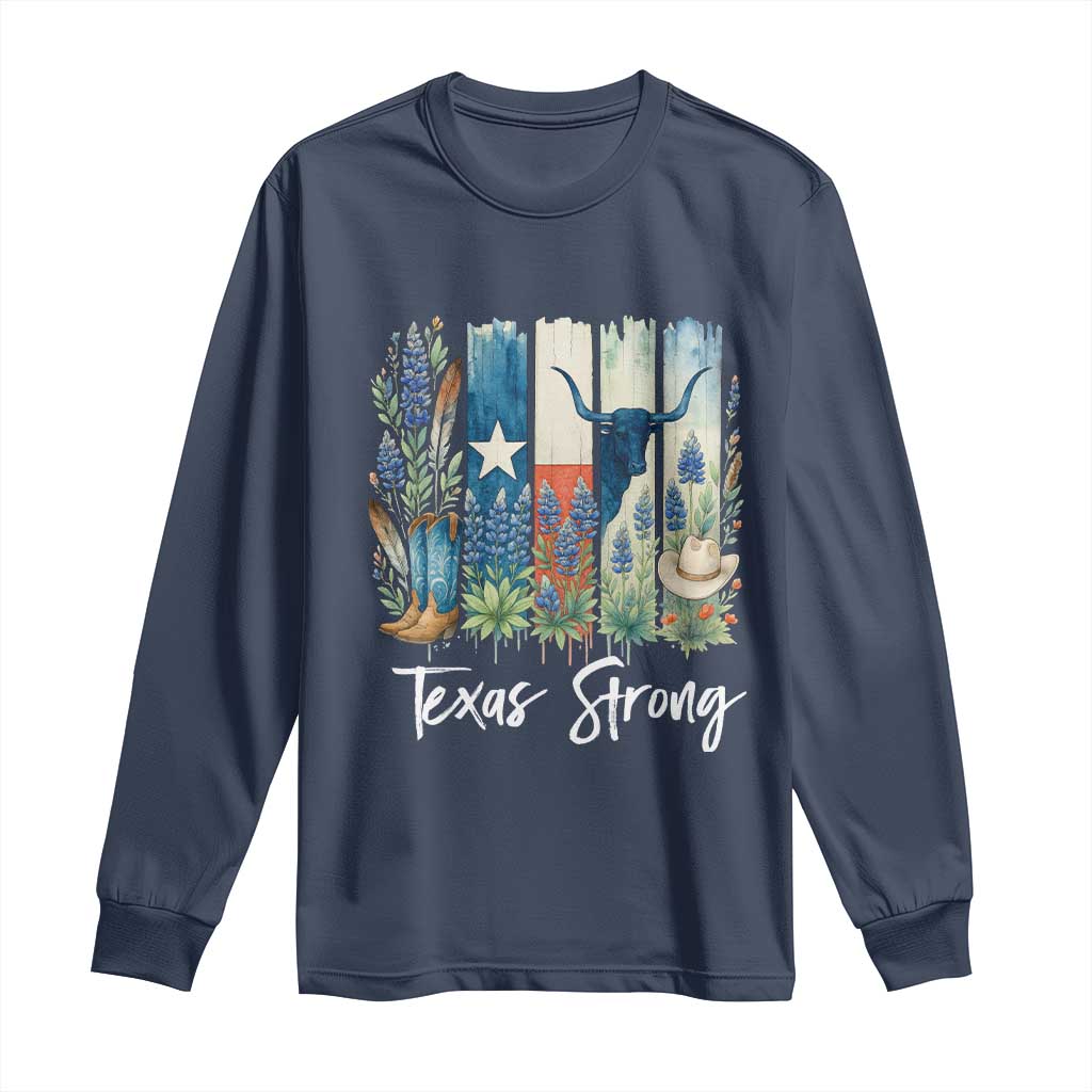 Retro Strong Texas Long Sleeve Shirt Bluebonnets Longhorn Cowboy Western Pride - Wonder Print Shop