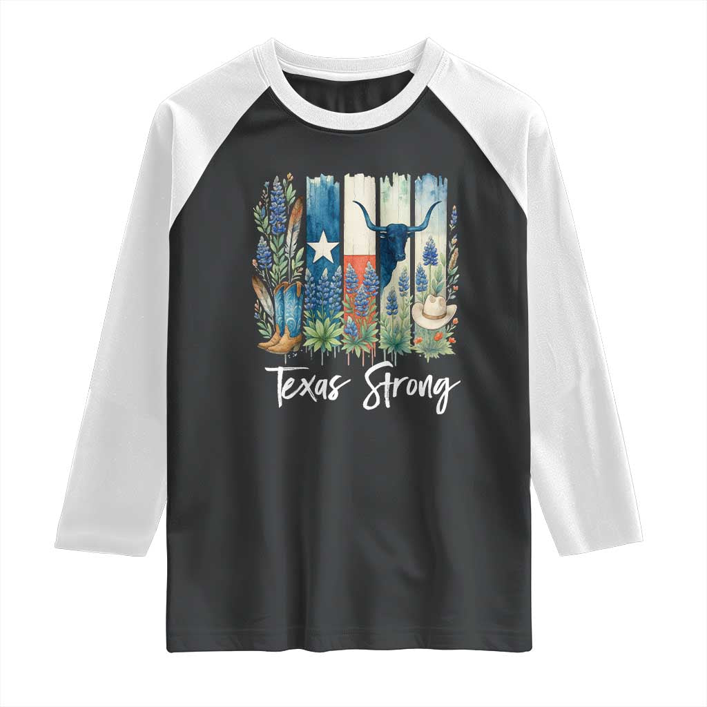 Retro Strong Texas Raglan Shirt Bluebonnets Longhorn Cowboy Western Pride - Wonder Print Shop