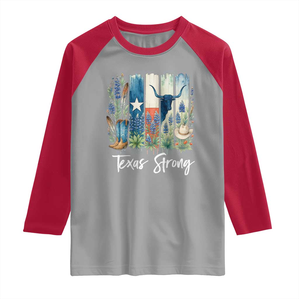 Retro Strong Texas Raglan Shirt Bluebonnets Longhorn Cowboy Western Pride - Wonder Print Shop