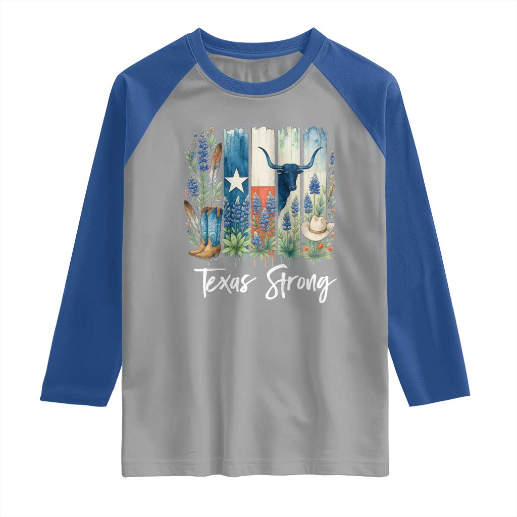 Retro Strong Texas Raglan Shirt Bluebonnets Longhorn Cowboy Western Pride - Wonder Print Shop