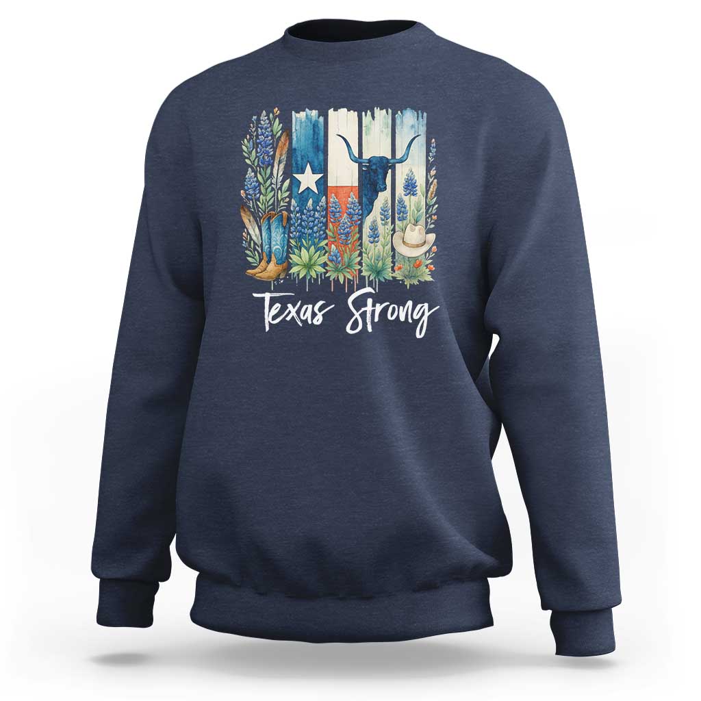 Retro Strong Texas Sweatshirt Bluebonnets Longhorn Cowboy Western Pride - Wonder Print Shop