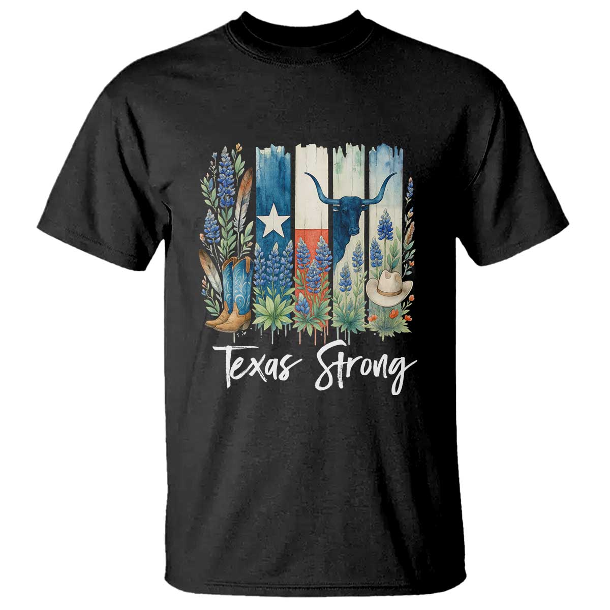 Retro Strong Texas T Shirt Bluebonnets Longhorn Cowboy Western Pride - Wonder Print Shop