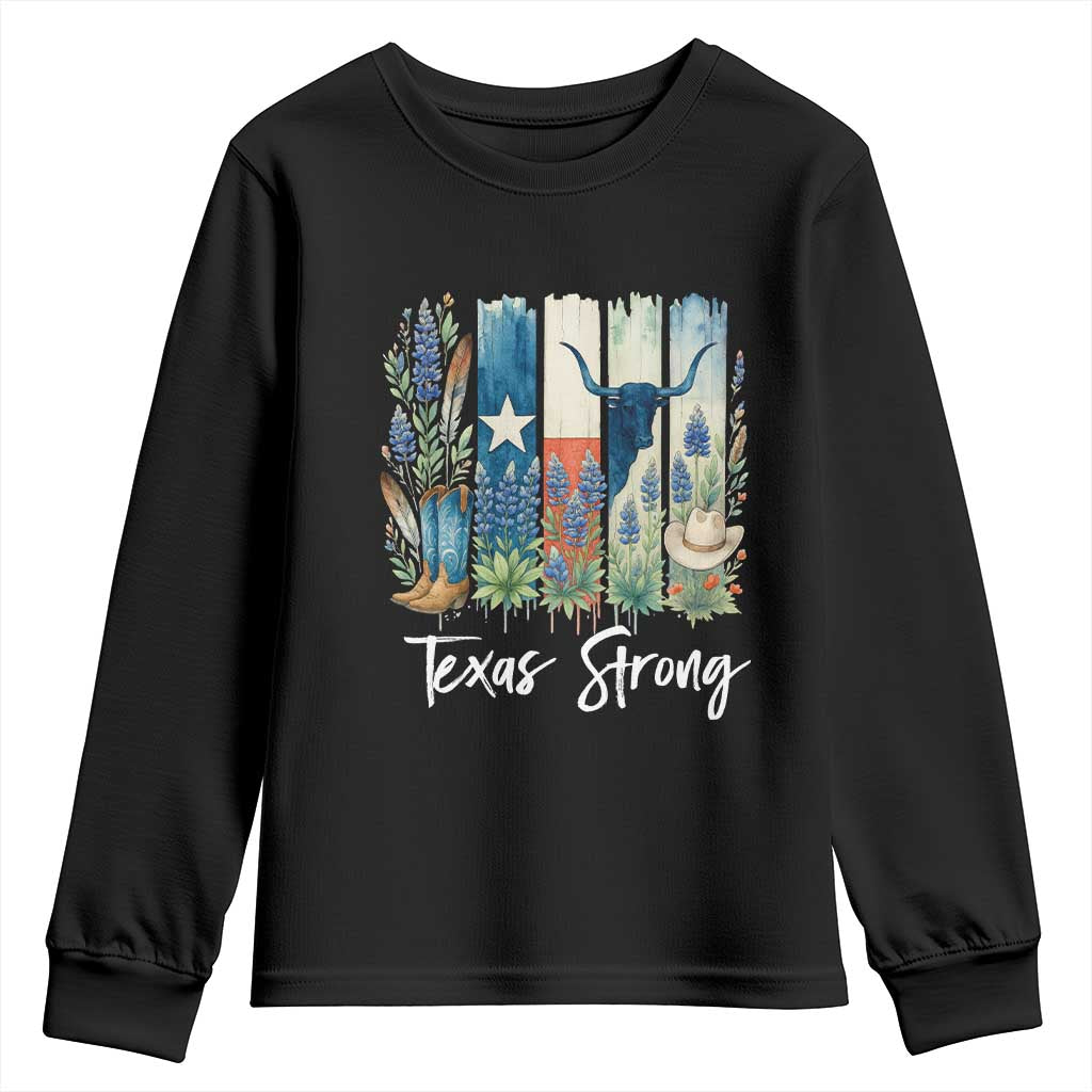 Retro Strong Texas Youth Sweatshirt Bluebonnets Longhorn Cowboy Western Pride - Wonder Print Shop
