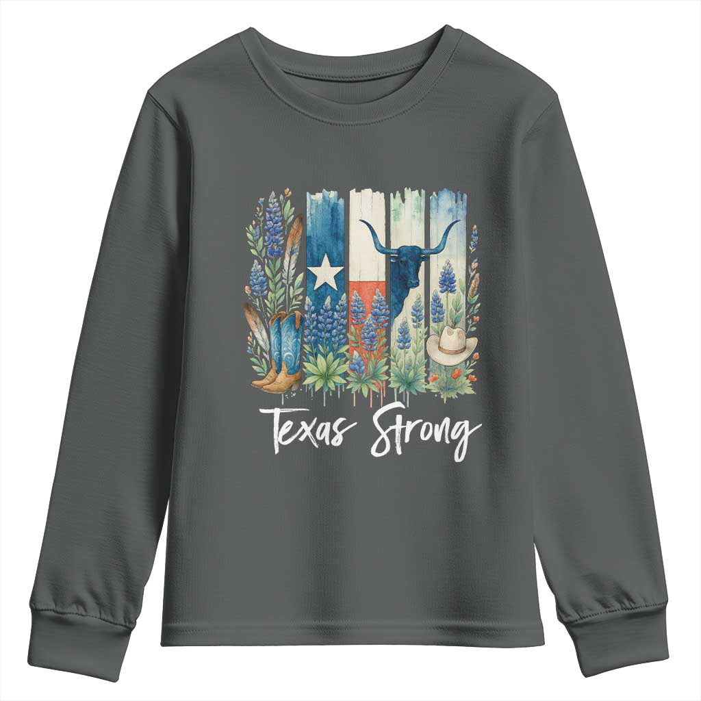 Retro Strong Texas Youth Sweatshirt Bluebonnets Longhorn Cowboy Western Pride - Wonder Print Shop