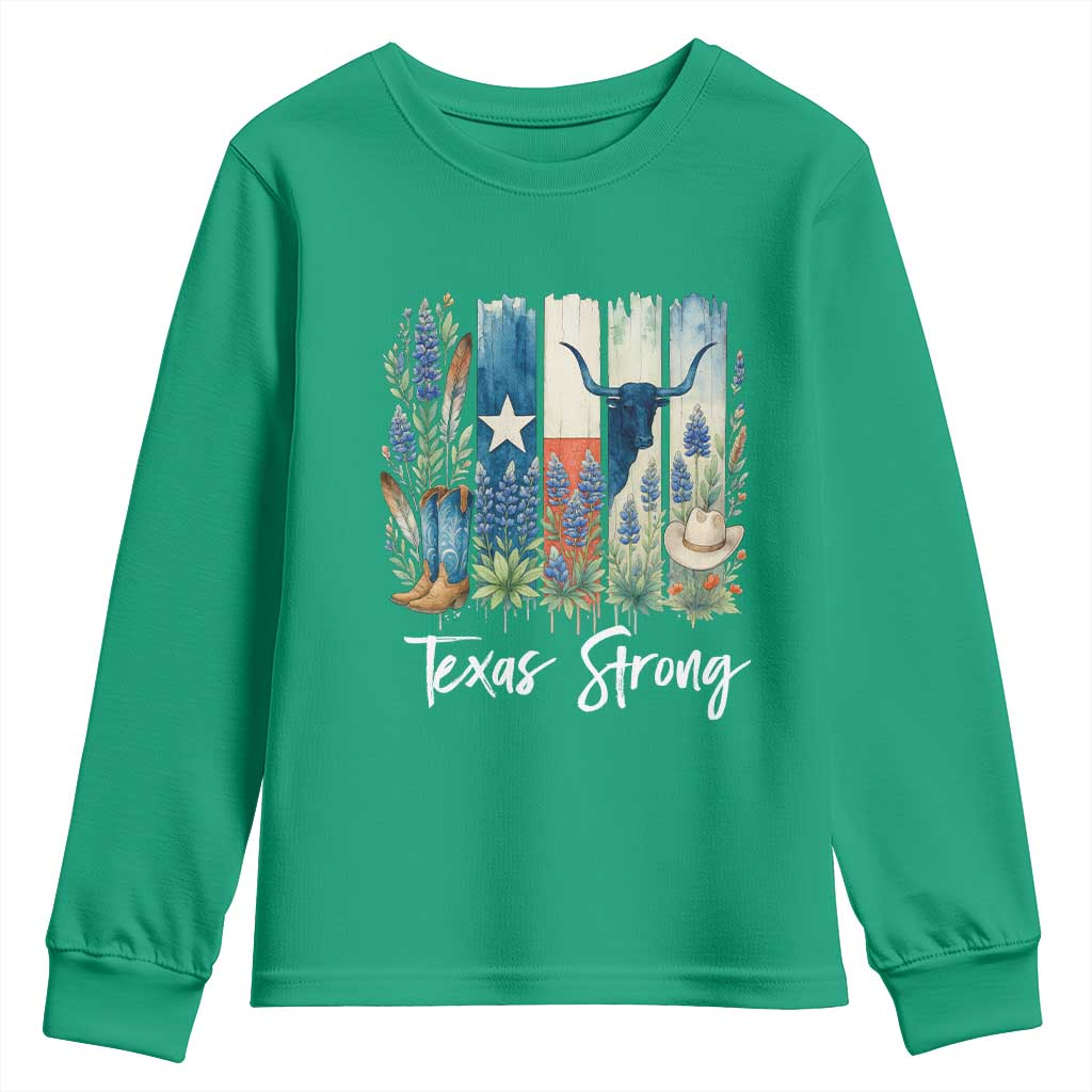 Retro Strong Texas Youth Sweatshirt Bluebonnets Longhorn Cowboy Western Pride - Wonder Print Shop