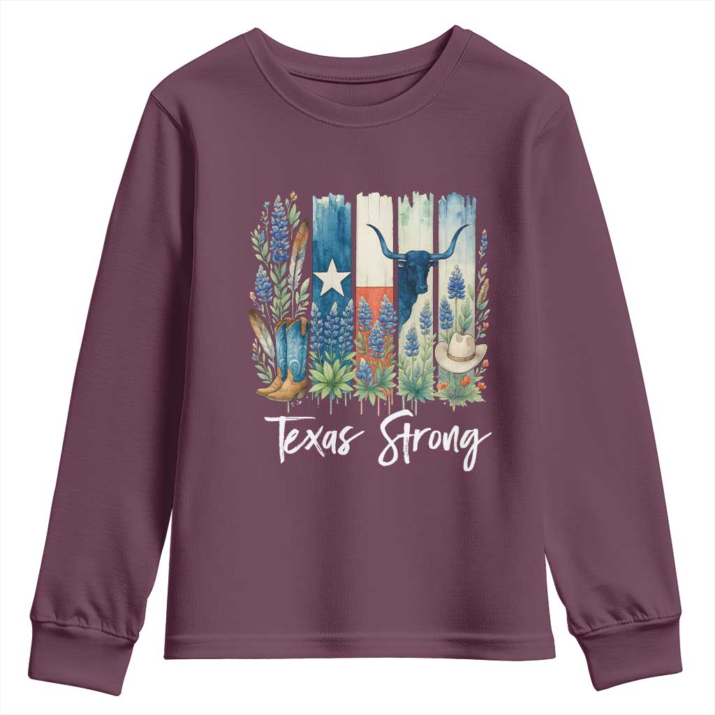 Retro Strong Texas Youth Sweatshirt Bluebonnets Longhorn Cowboy Western Pride - Wonder Print Shop